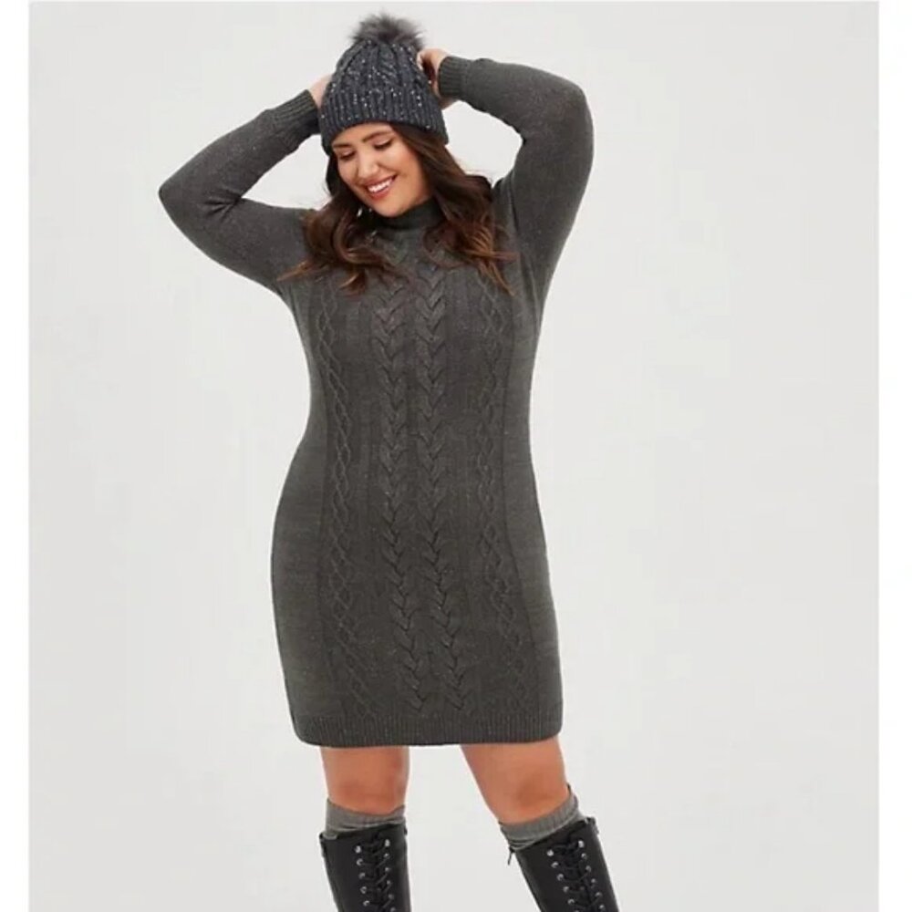 Torrid Mock Neck Mini Dress - Lurex Cable Knit Grey